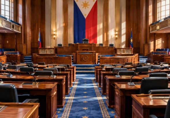 Empty legislative chamber with a Philippine flag behind the dais