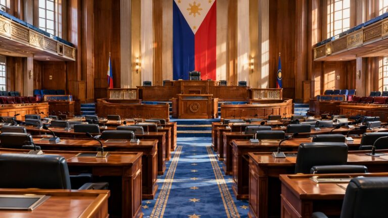 Empty legislative chamber with a Philippine flag behind the dais